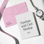 Angled Top View of an Envelope Mockup with Card and Watch