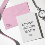 Angled Top View of an Envelope Mockup with Card and Watch