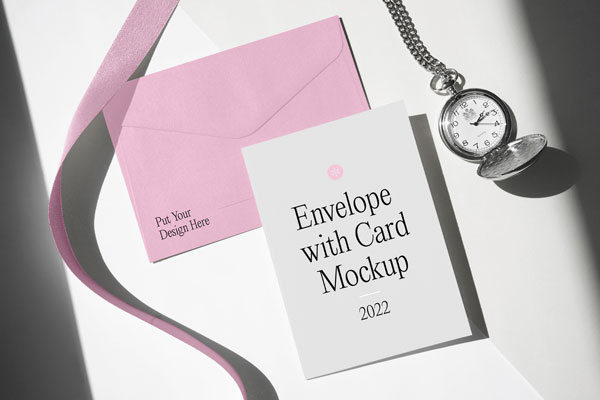 Angled Top View of an Envelope Mockup with Card and Watch