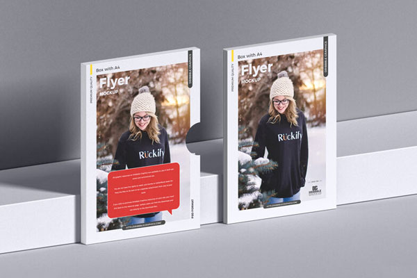 Angled View Standing A4 Flyers with Box Mockup