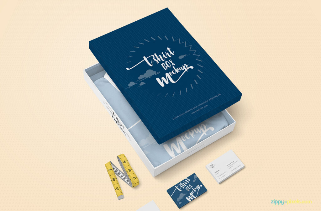 Apparel Packaging Box with Business Cards Mockup