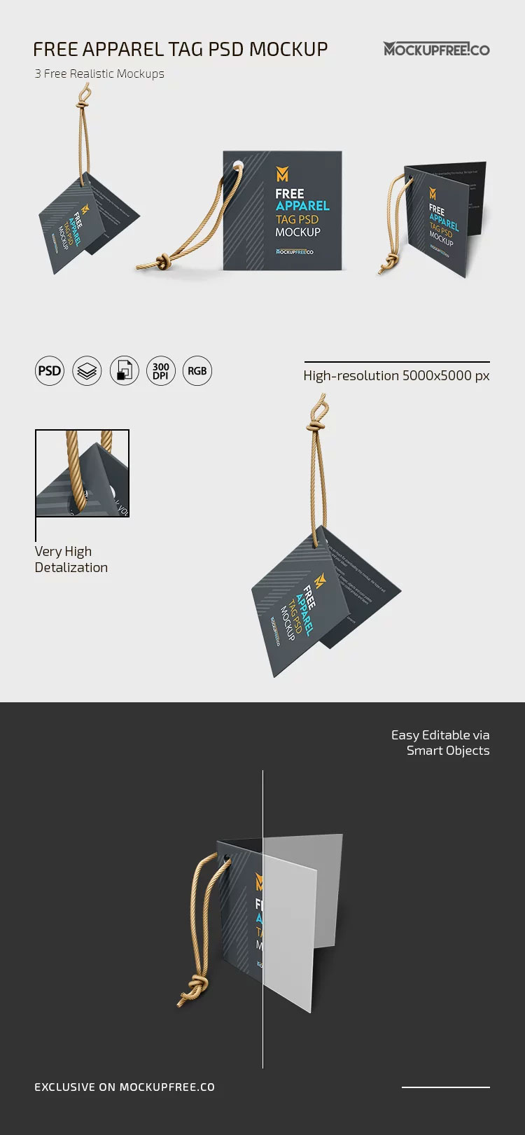 Free Apparel Tag Mockup in 3 Views PSD Template