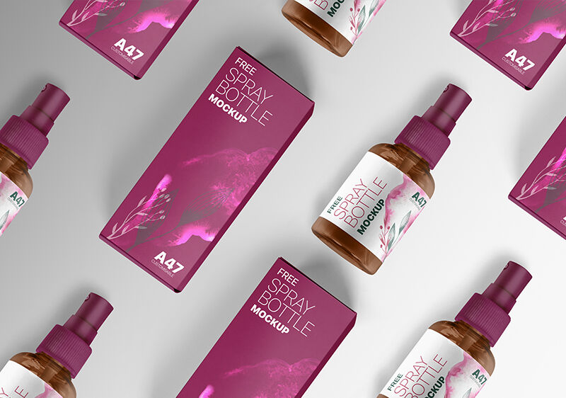 Arranged Rows of Spray Bottles With Boxes Mockup