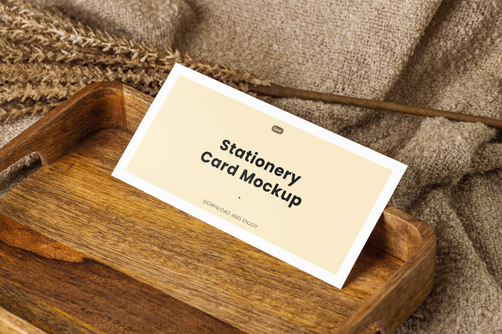 Artistic Oblong Card Mockup on Wooden Plate