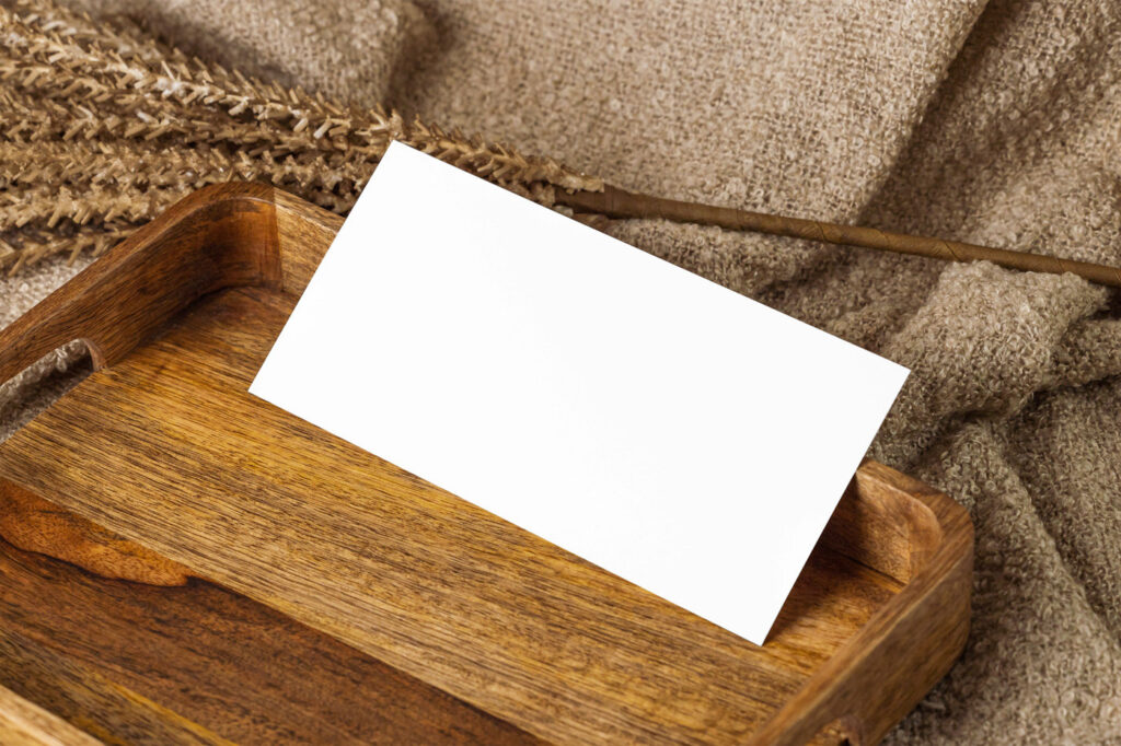 Artistic Oblong Card Mockup on Wooden Plate