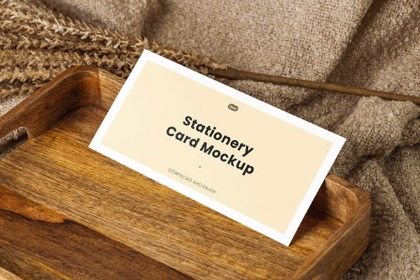 Artistic Oblong Card Mockup on Wooden Plate