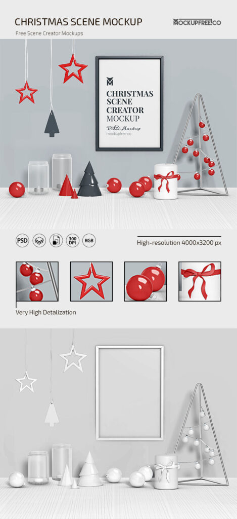 Artwork Frame on Wall with Christmas Decorations Scene Creator Mockup