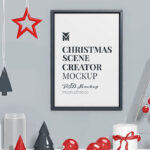 Artwork Frame on Wall with Christmas Decorations Scene Creator Mockup