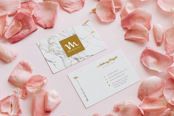 Back and Front Business Card with Pink Rose Petals Mockup