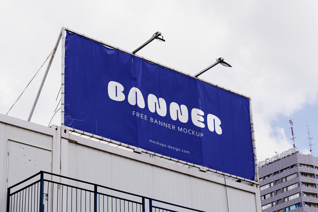 Banner on Top of the Building Mockup from Low-Angle Shot