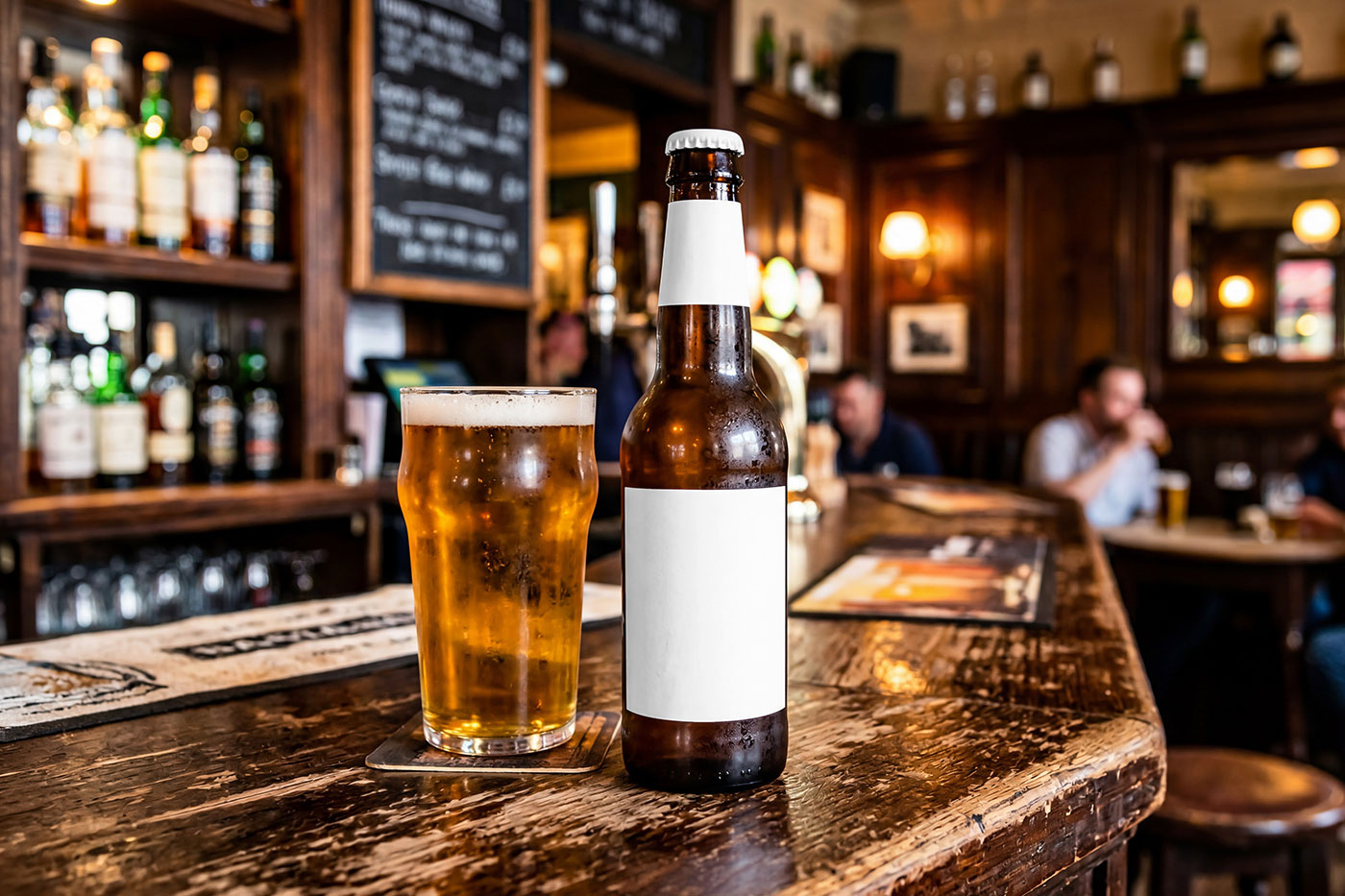 Free Beer Bottle in Pub Mockup PSD Template