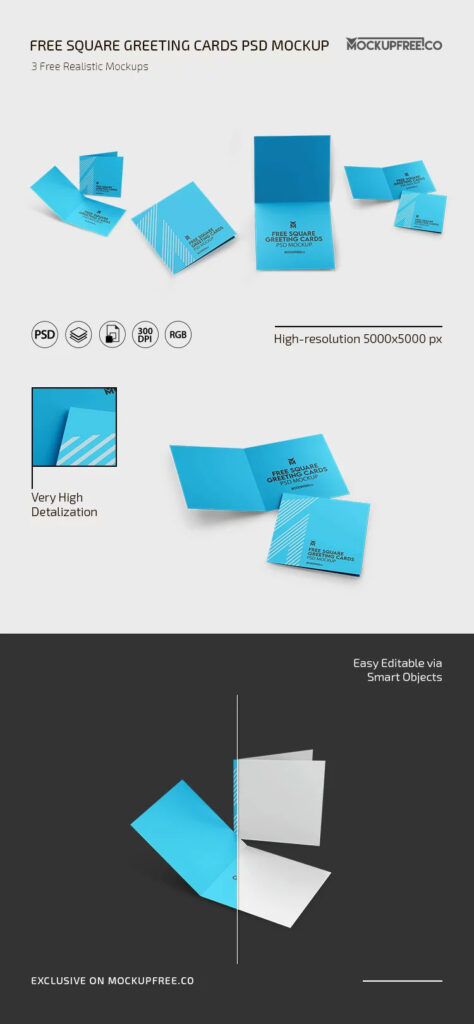 Bi Fold Square Greeting Cards Mockup in 3 Sights