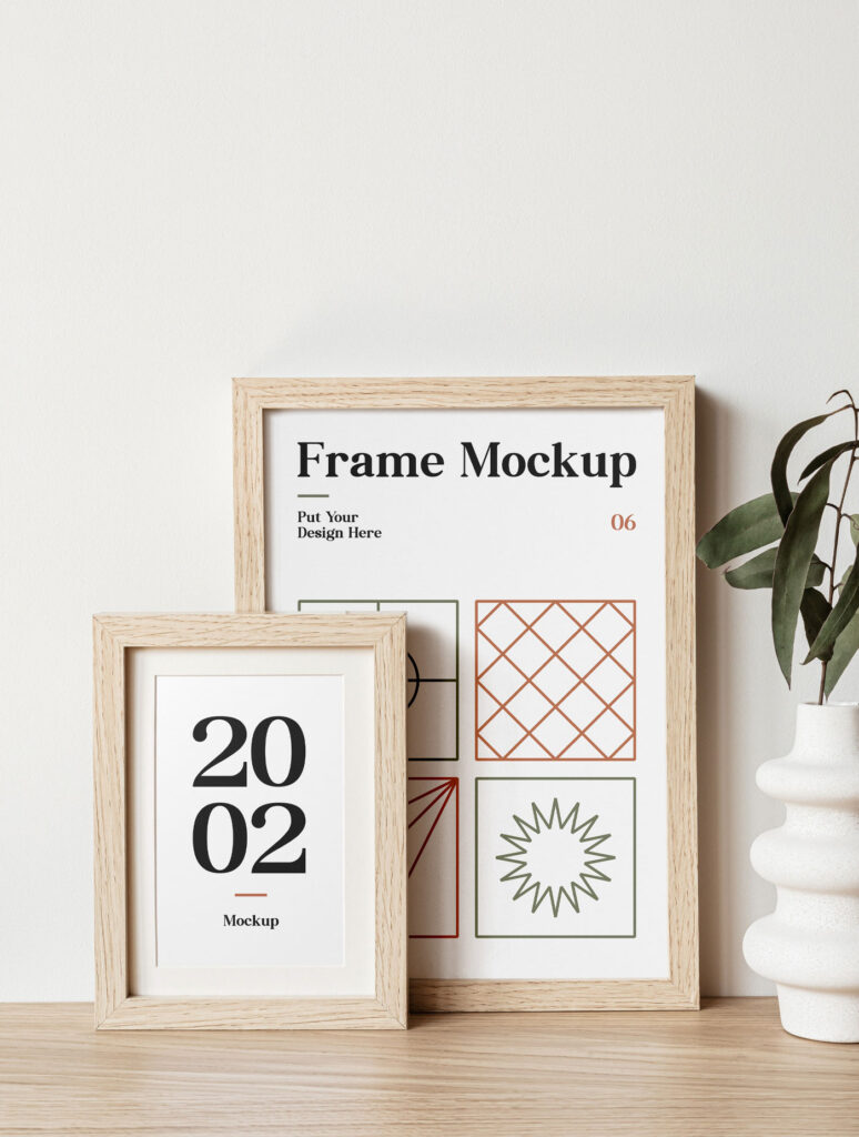 Big and Small Thick Wooden Frames on Table Mockup