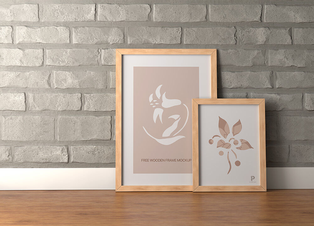 Big and Small Vertical Wooden Frames on Floor Mockup