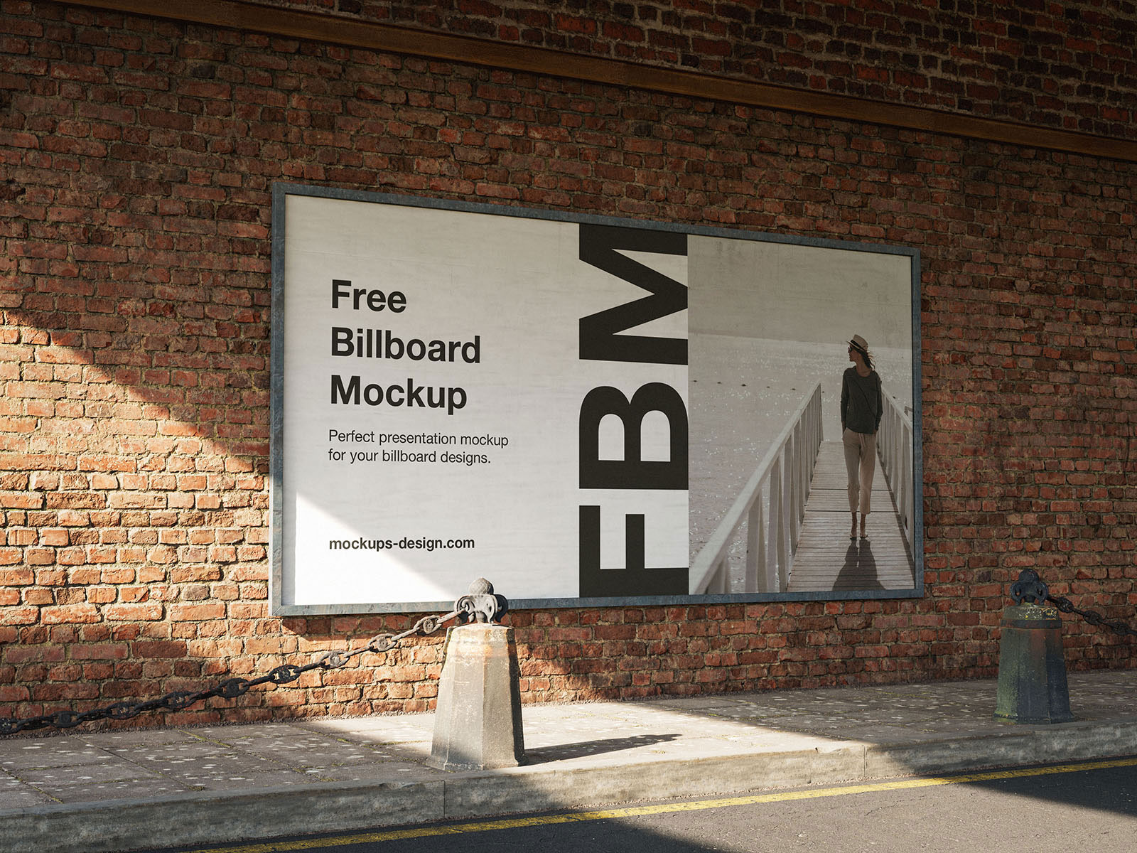Free Billboard on Old Wall Mockup in 3 Showcases PSD Template