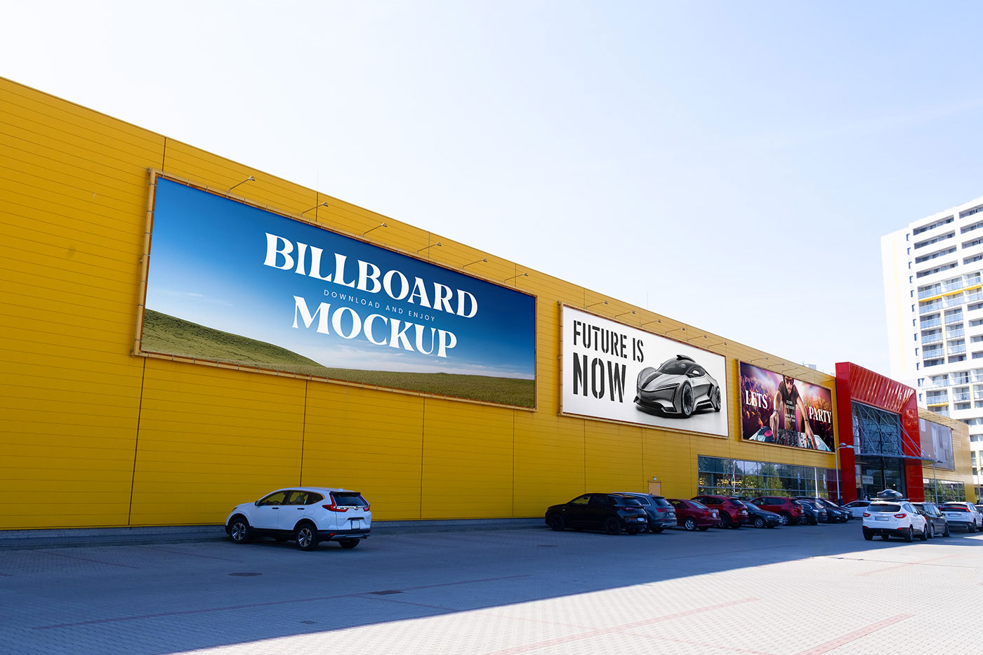 Free Billboards on Big Building Mockup PSD Template