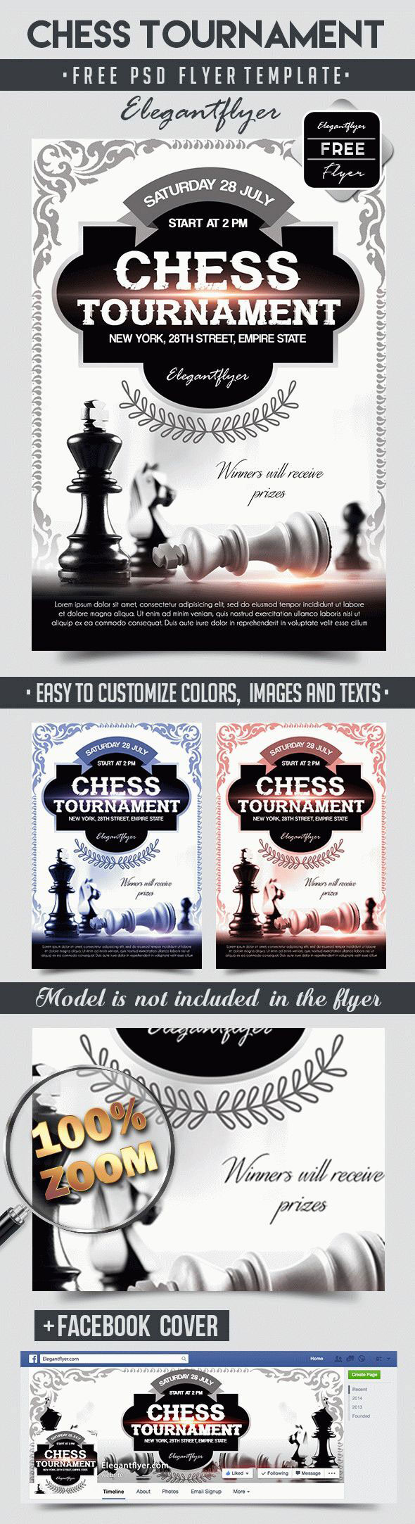 Black and white, Classic Chess Tournament Flyer and Facebook Cover Templates FREE PSD