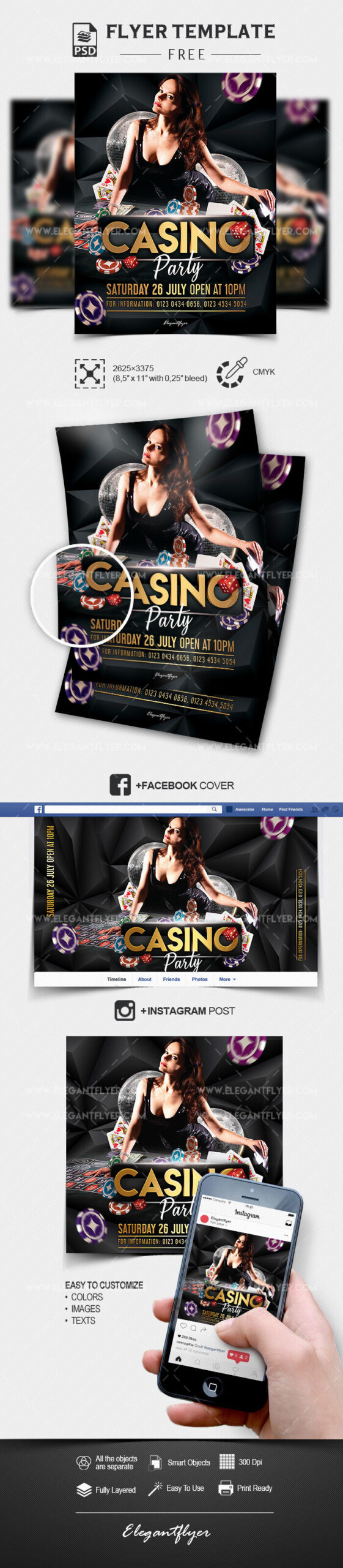 Black, Golden, Modern Casino Flyer, Facebook Cover, Instagram Banner Templates FREE PSD