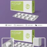 Blister Pack Along with the Packaging Box in Perspective Mockup