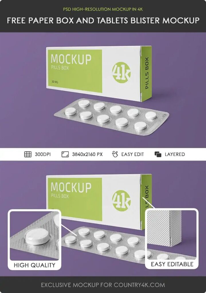 Blister Pack Along with the Packaging Box in Perspective Mockup