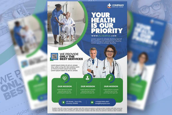 Blue and Green Modern Medical Care Flyer Template