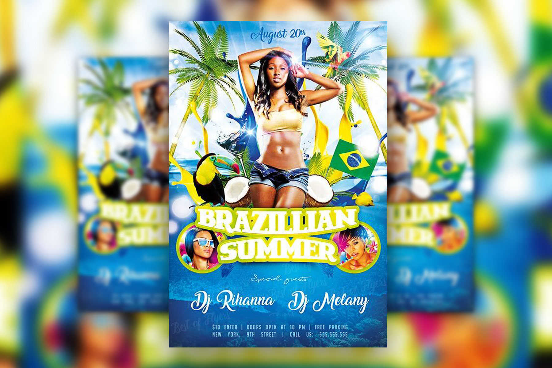 Blue, Green Tropical Night Party Flyer Along with Instagram Banner Templates FREE PSD