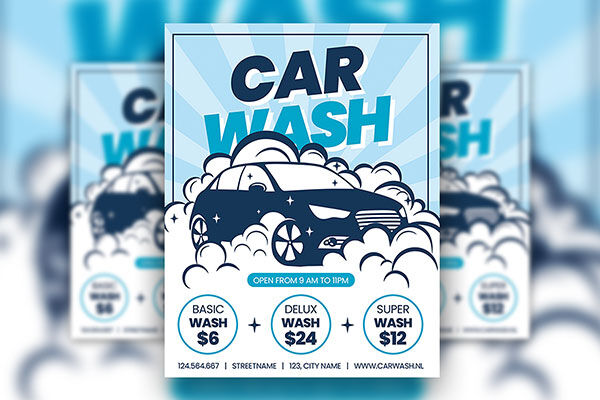 Blue, Illustrated Car Wash Flyer Along with Facebook Cover Templates