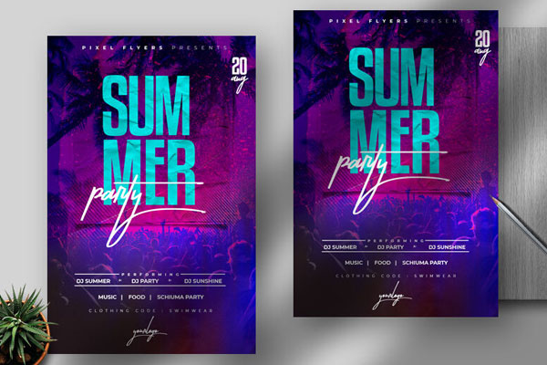 Blue, Purple Tropical Summer Night Party Flyer Template