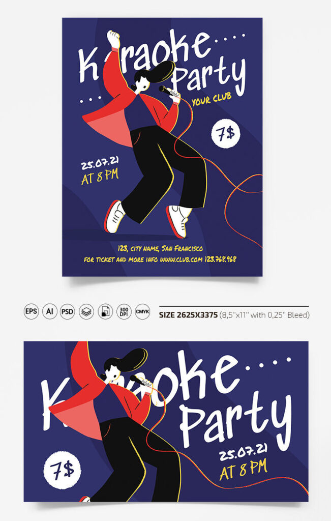 Blue, Red Illustrated Karaoke Party Flyer Along with Facebook Cover Templates