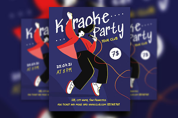 Blue, Red Illustrated Karaoke Party Flyer Along with Facebook Cover Templates