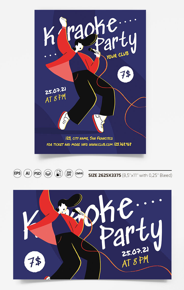 Blue, Red Illustrated Karaoke Party Flyer Along with Facebook Cover Templates FREE PSD