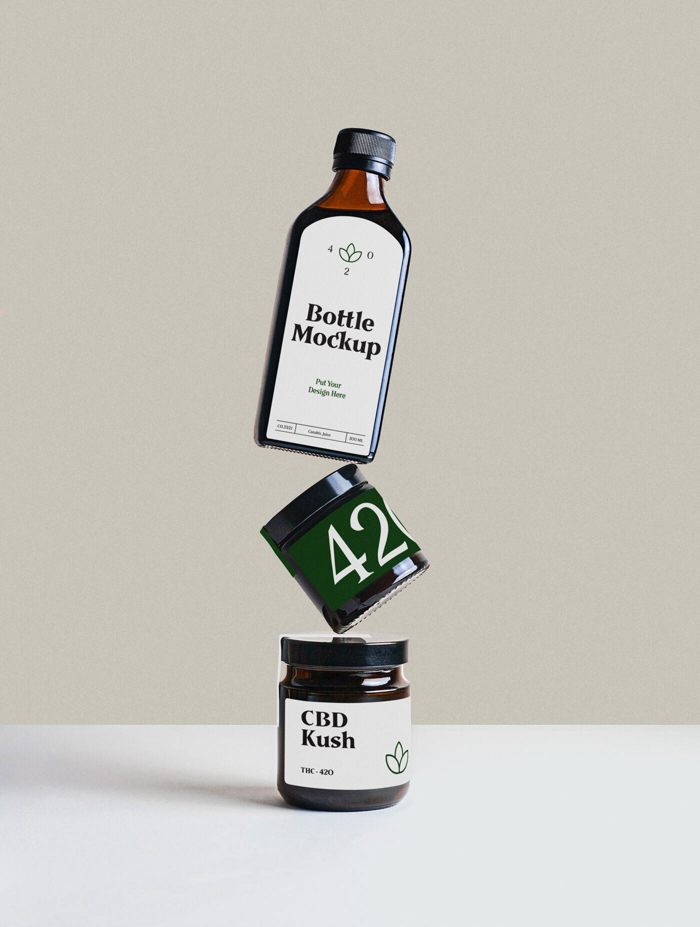 Bottle and 2 Jars Floating on Each Other Mockup FREE PSD