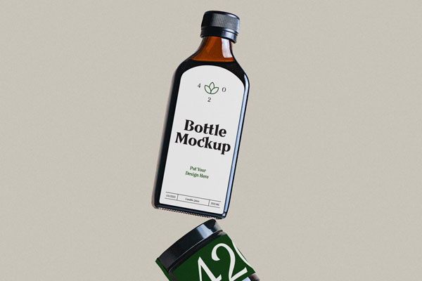 Bottle and 2 Jars Floating on Each Other Mockup