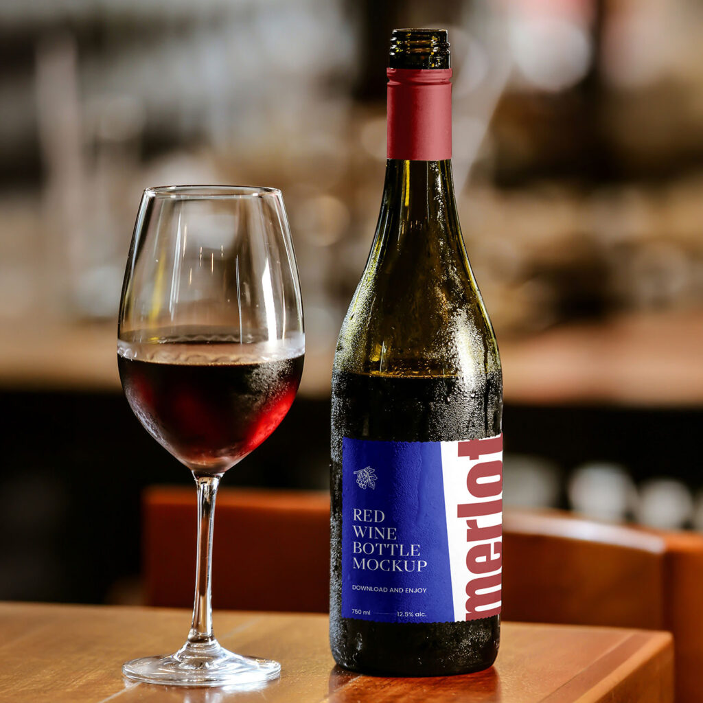 Bottle of Wine with Glass Mockup