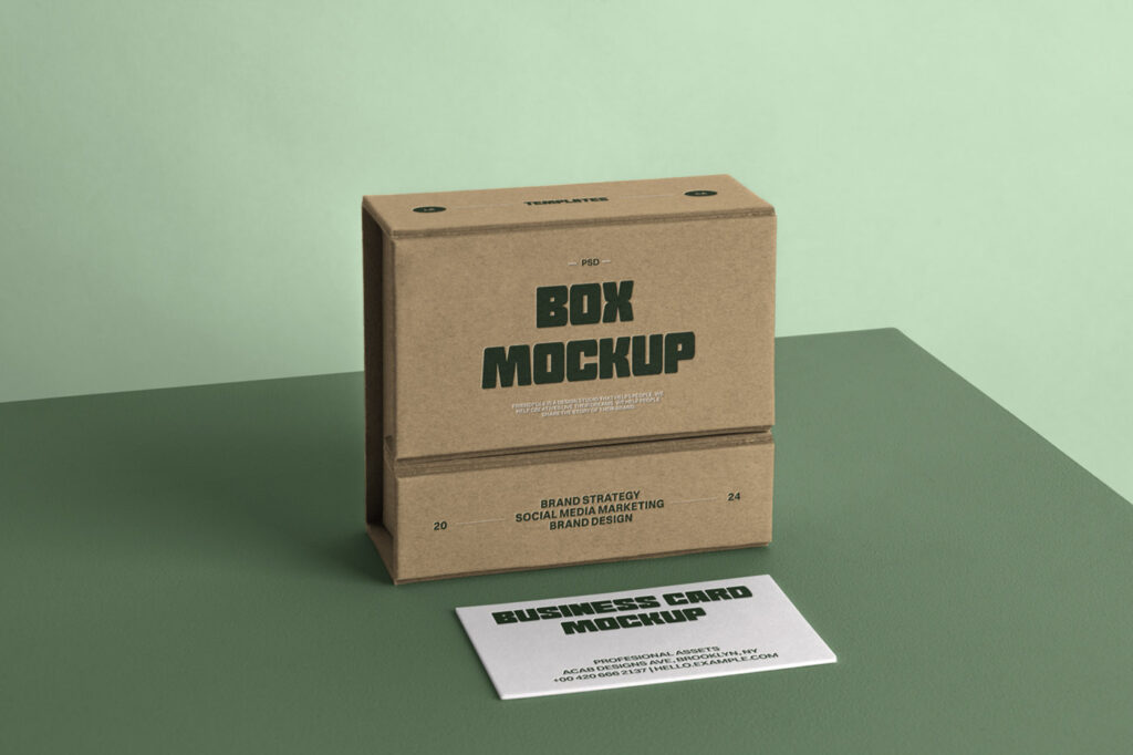Box with Business Card on Table Mockup