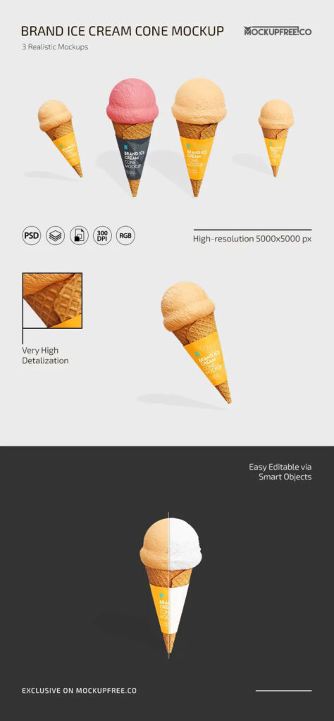 Brand Ice Cream Cone Mockup in 3 Sights