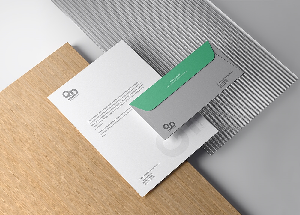 Branding Mockup Featuring A4 Letterhead and Envelope in Perspective