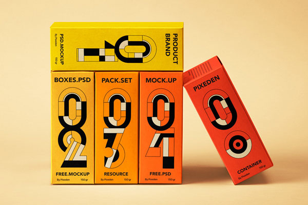 Branding Mockup of 5 Tall Rectangle Boxes in Front View