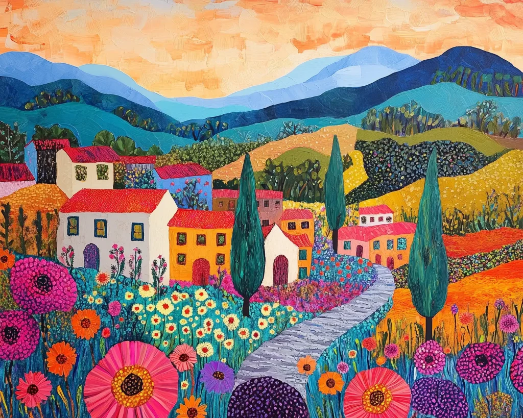 Bright Mountain Village Scene