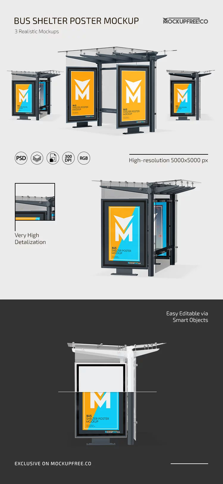 Free Bus Shelter Poster Mockup in 3 Sights PSD Template
