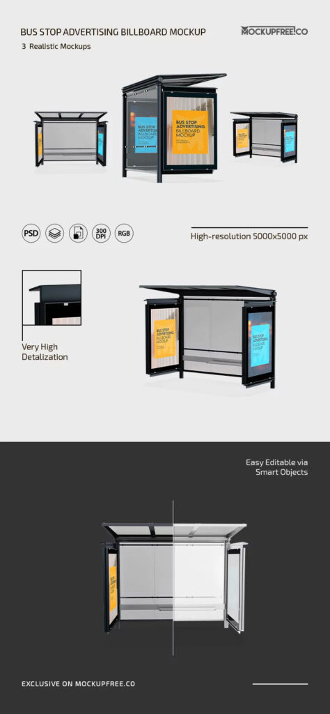 Bus Stop Advertising Billboard Mockup in 3 Views