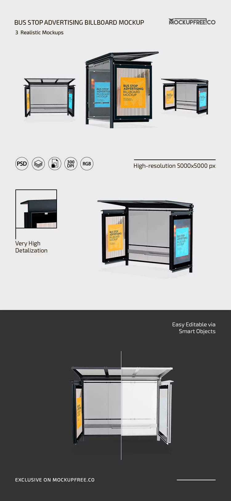 Free Bus Stop Advertising Billboard Mockup in 3 Views PSD Template