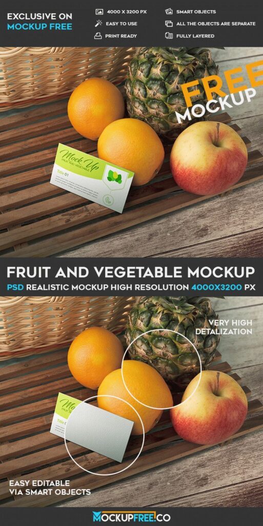 Business Card Mockup with Oranges, Apple, and Pineapple