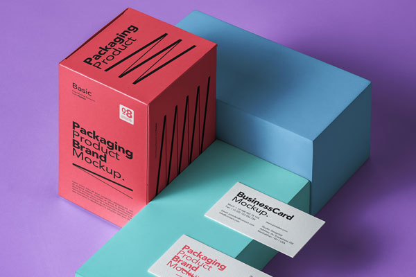 Business Card Mockups on Box with a Packaging Box in the Left Side mockup preview
