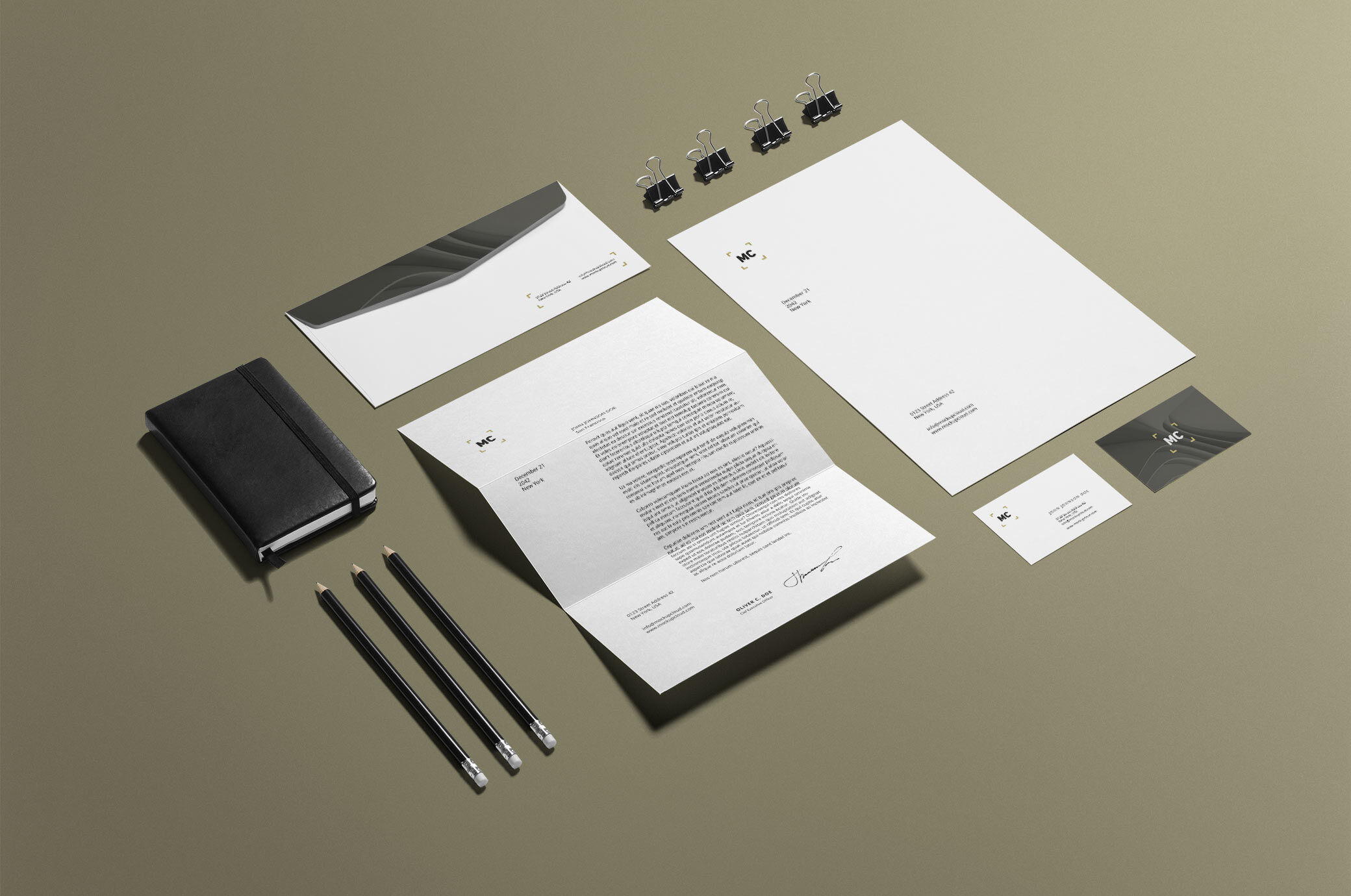 Business Stationery Mockup with Paper Clip, Pencil, Business Card FREE PSD