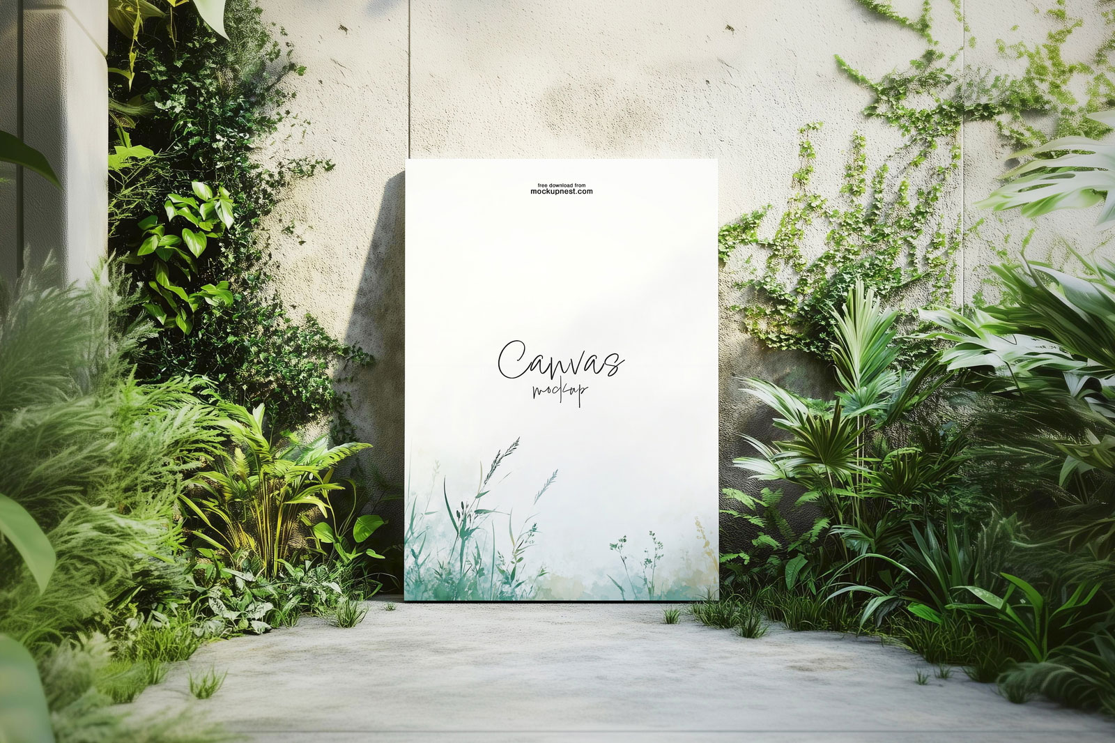 Free Canvas Mockup in Outdoor Garden PSD Template