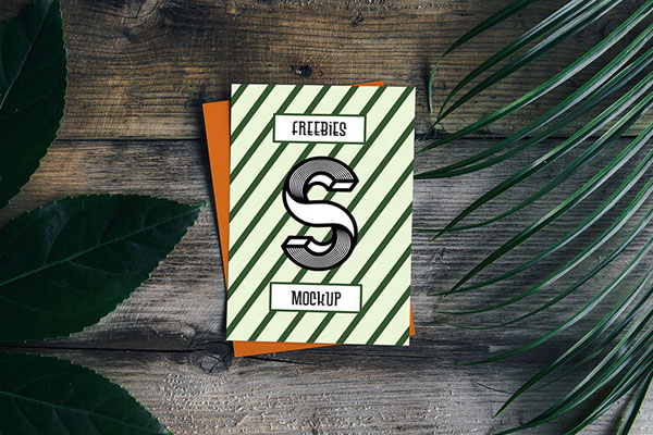 Card Mockup with Plant and Wooden Background