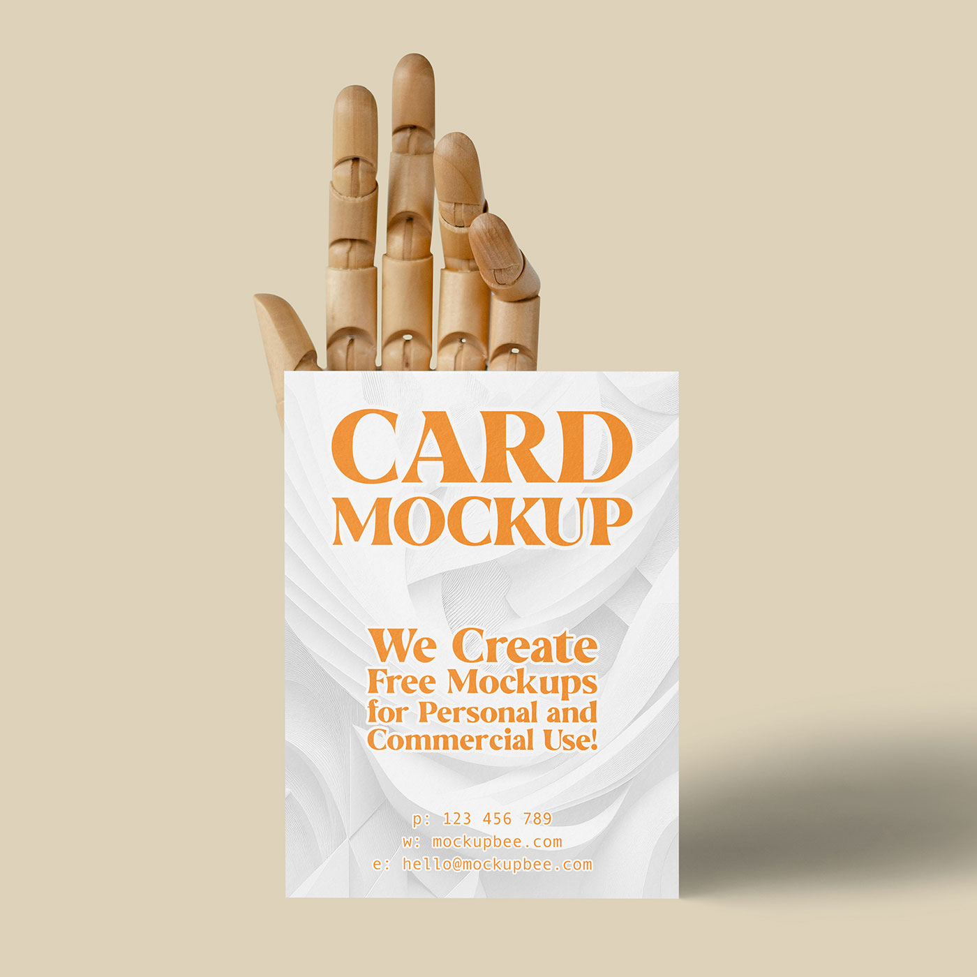 Free Card with Wooden Hand Mockup PSD Template