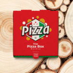 Cardboard Pizza Box on Wooden Circle Tree Trunks Mockup