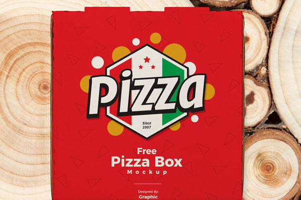 Cardboard Pizza Box on Wooden Circle Tree Trunks Mockup